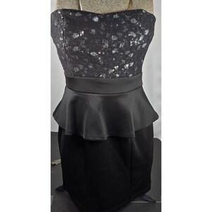 Trixxi Size 9 Strapless‎ Dress Black Sequin Lace Peplum Party Cocktail Mini